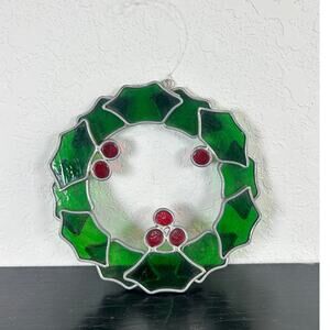 Vintage- Stained Glass Mosaic Holly Christmas Wreath- Window Hanger- 7" Diameter